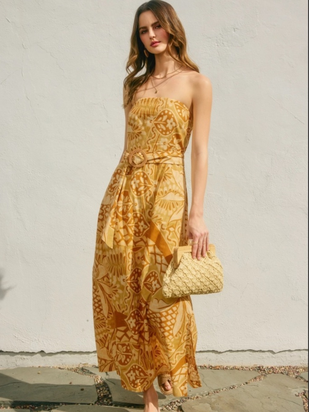 Dress Forum Strapless Maxi Dress in Mustard and Camel Print